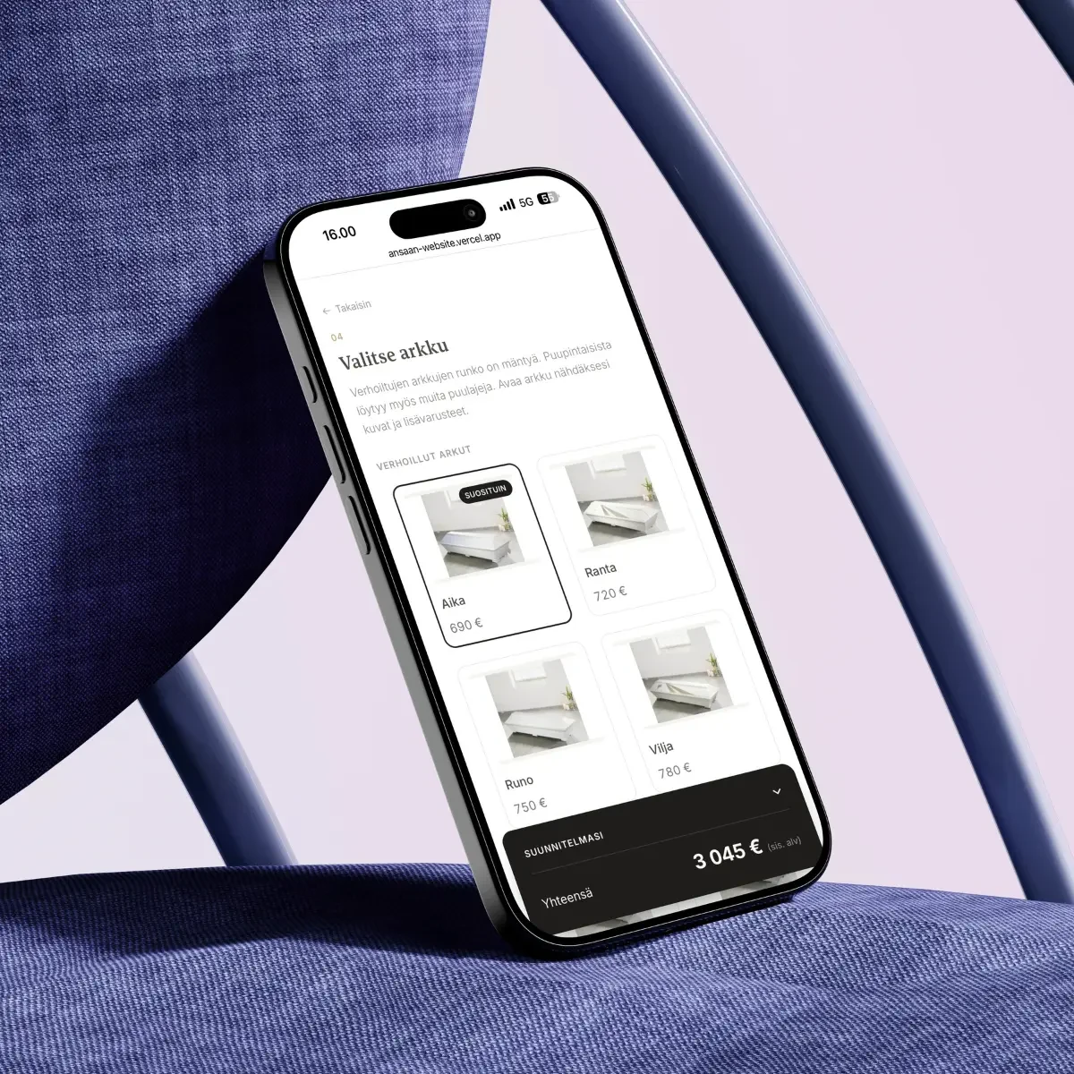 A phone with one of the tools Ansaan builds open on it: the funeral planner.