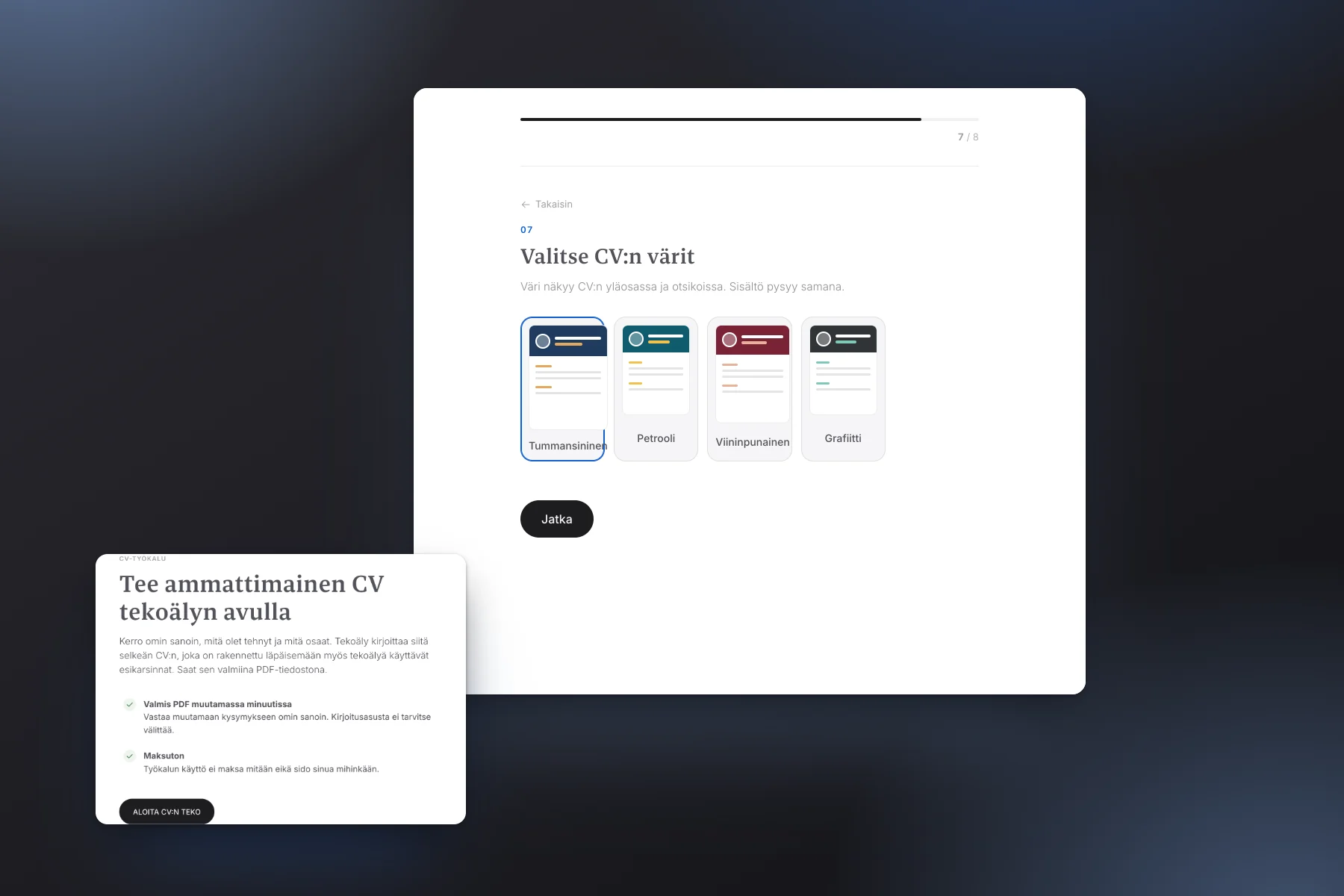 CV builder: the colour choices for the CV, with the opening screen in front.