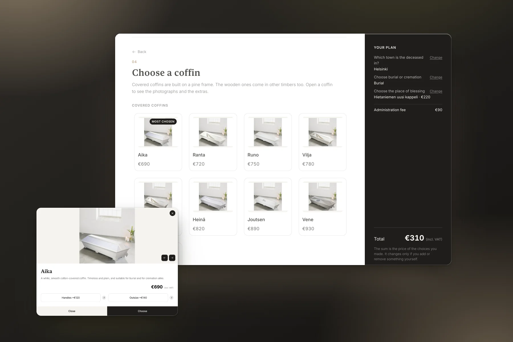 The funeral planning tool: the range of coffins and the running price.