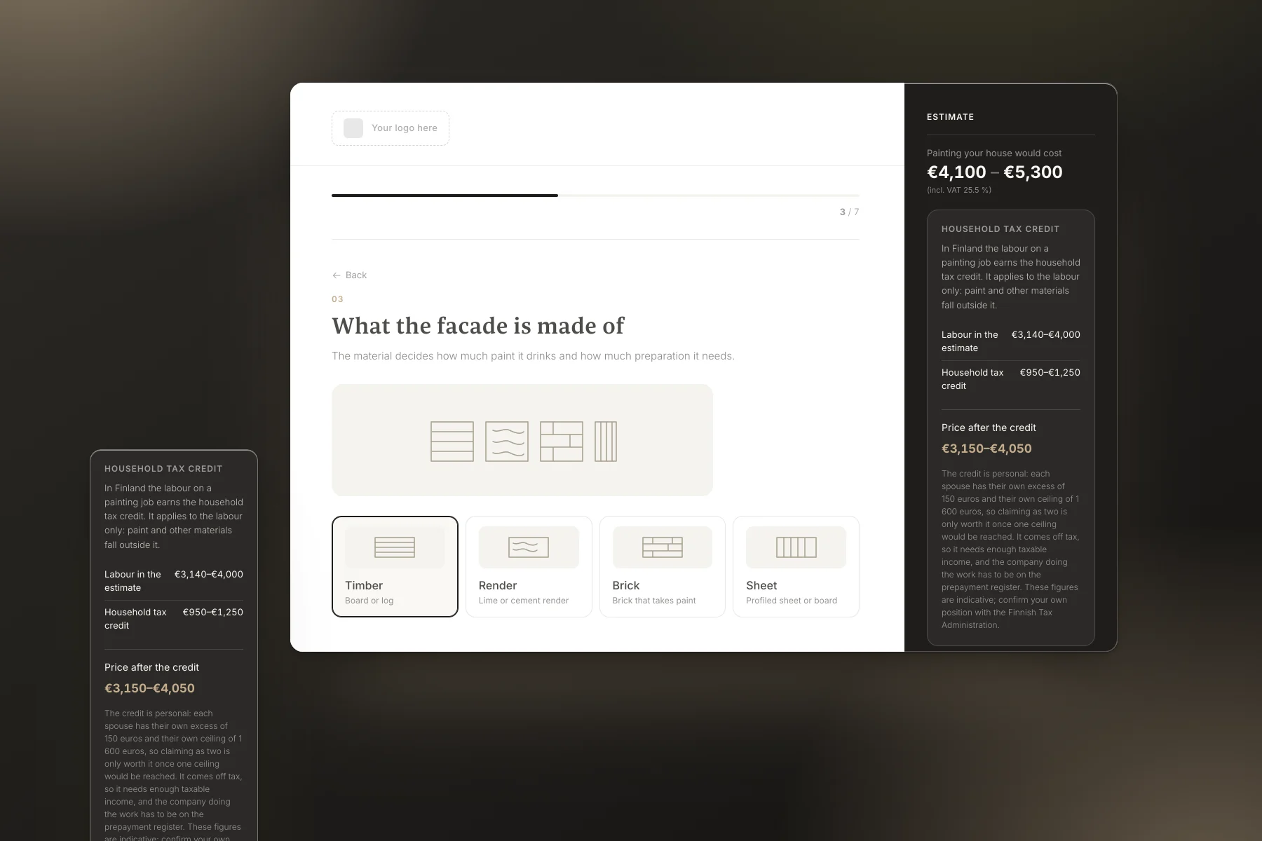 Price calculator: choosing the material, with the estimate and the tax credit.