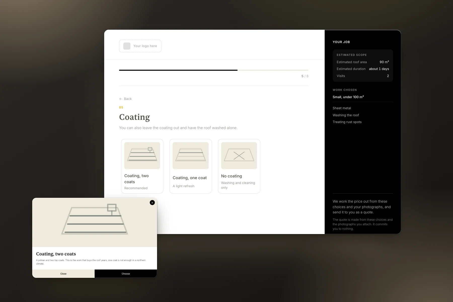 Advanced quote request: the work chosen, the estimated size of the job and an open service window.