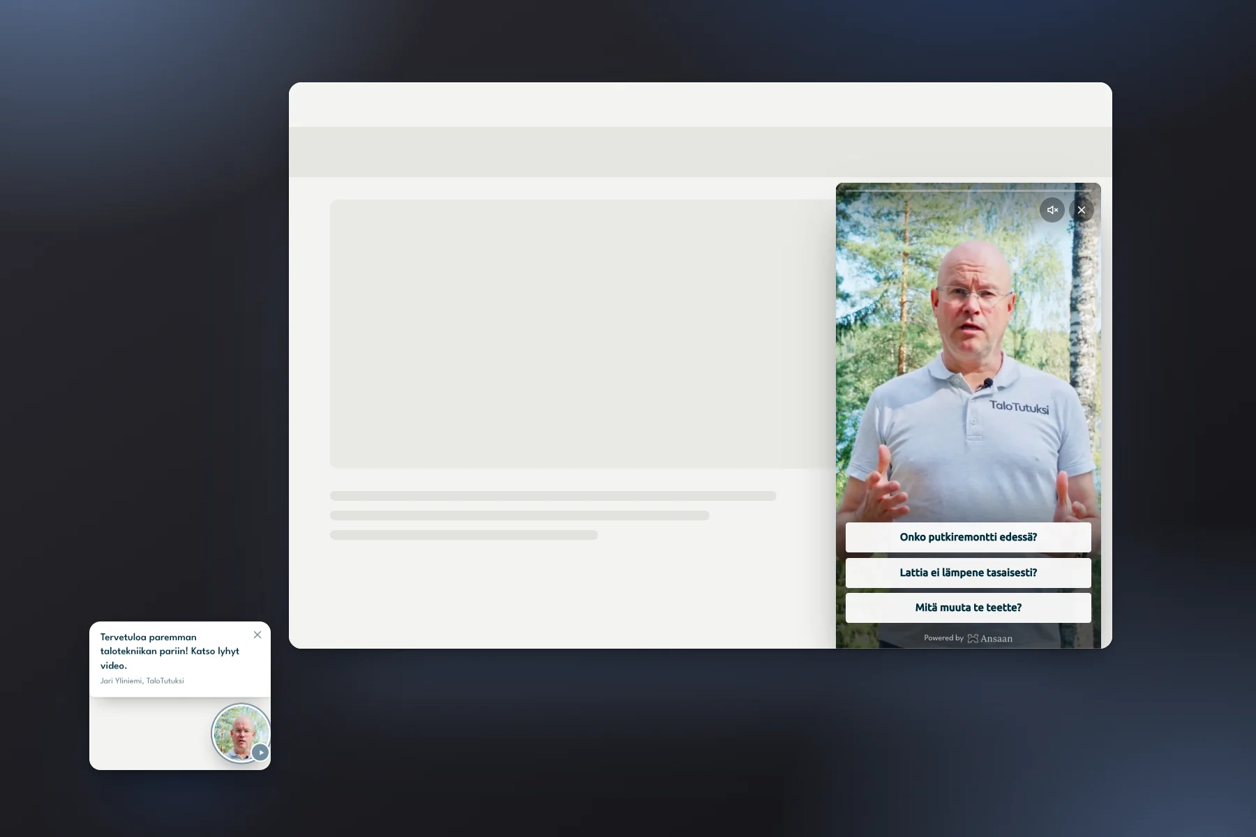 A video bot in the corner of a customer page: the owner on film with question buttons under it.